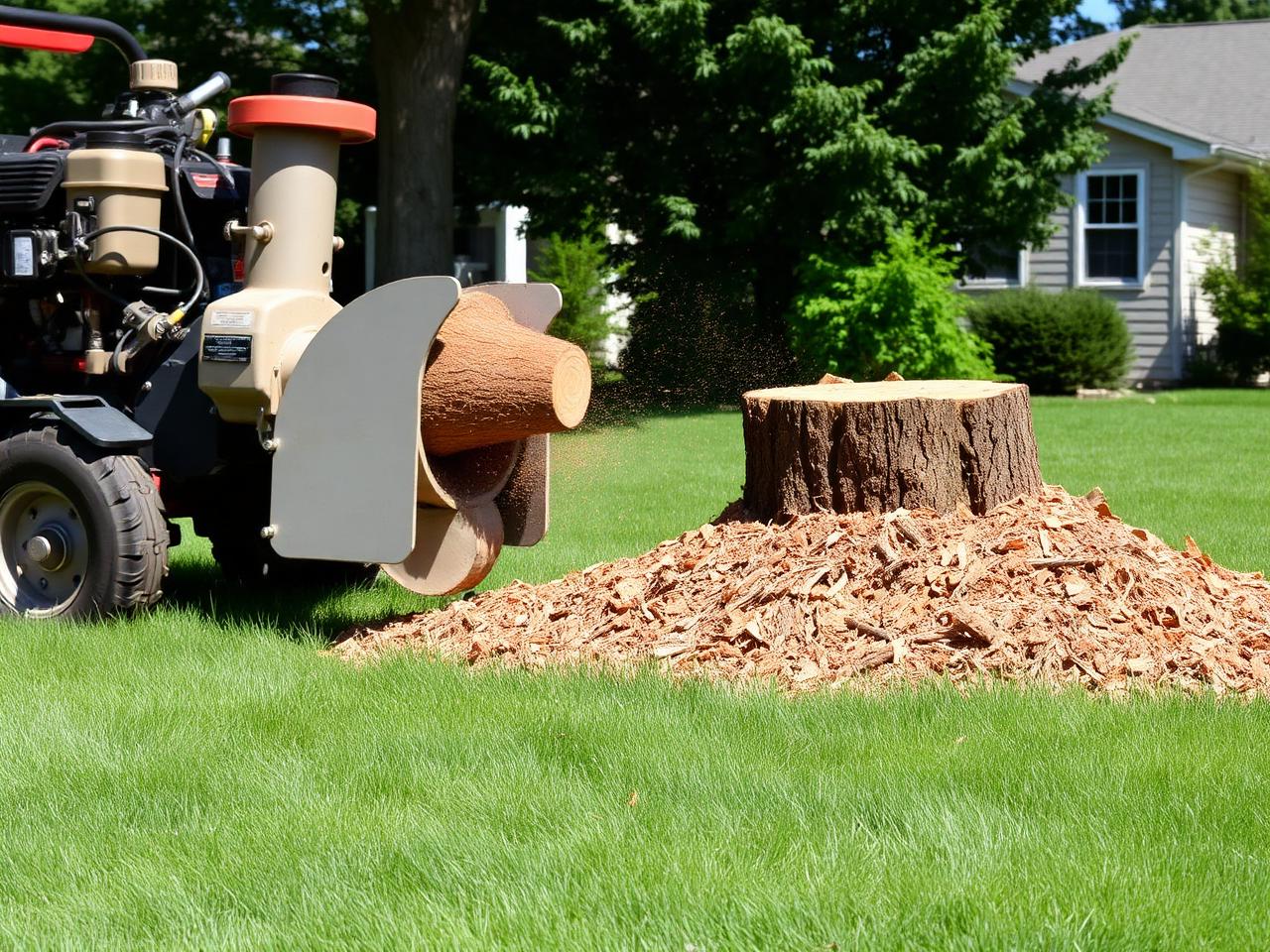 Stump grinding on a clean residential lawn